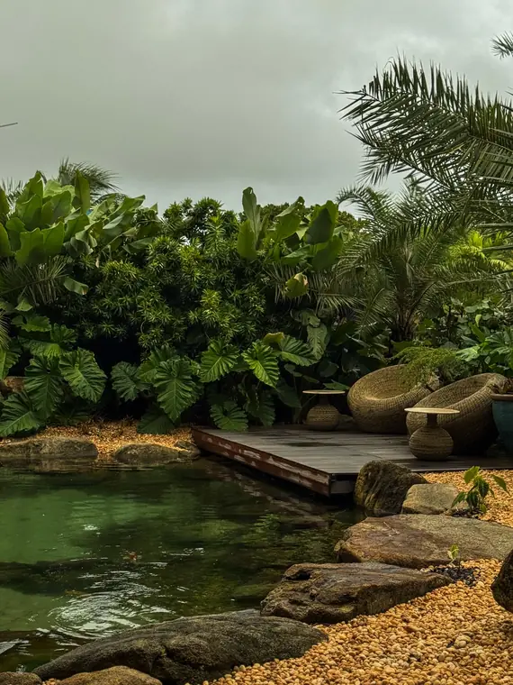 Lago cercado por folhagens, com deck e poltronas de madeira